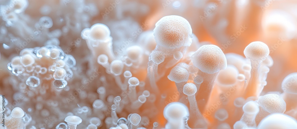 Poster soft focus background of mycelium fungus with white and light peach colors, featuring rounded struct