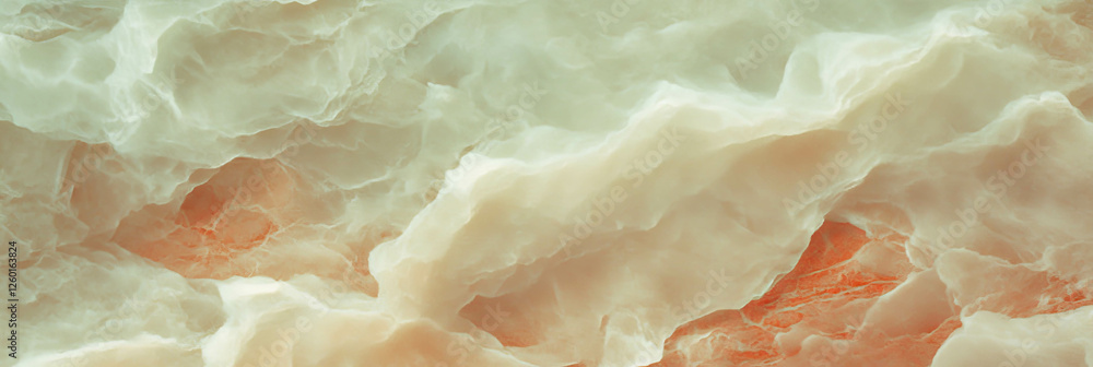Poster soft, mottled textures blending red and beige radiate warm diffuse light in a serene composition