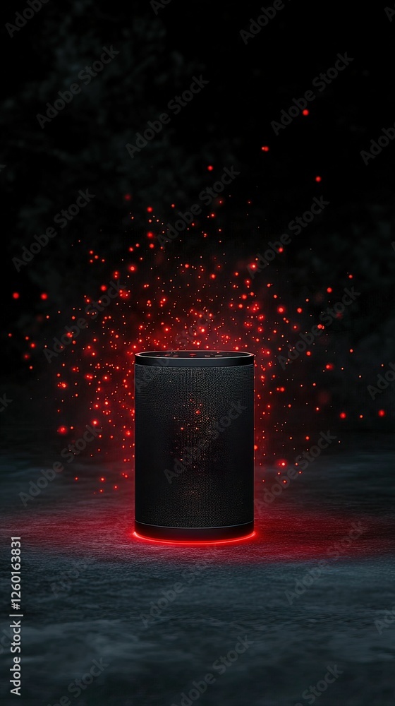 Poster a glowing black cylinder emits red particles in a dark environment, creating a captivating and myste