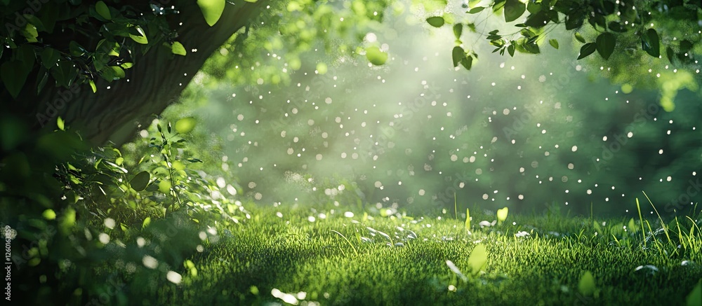 Poster lush green landscape with sunlight filtering through leaves creating a soft bokeh effect on grass il