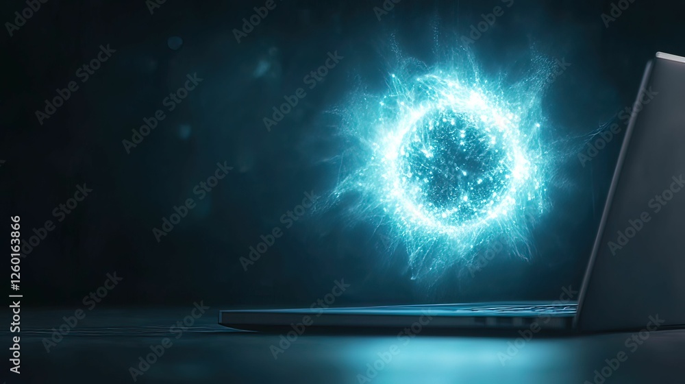 Poster a glowing blue orb emanates from an open laptop, creating a futuristic and digital atmosphere.