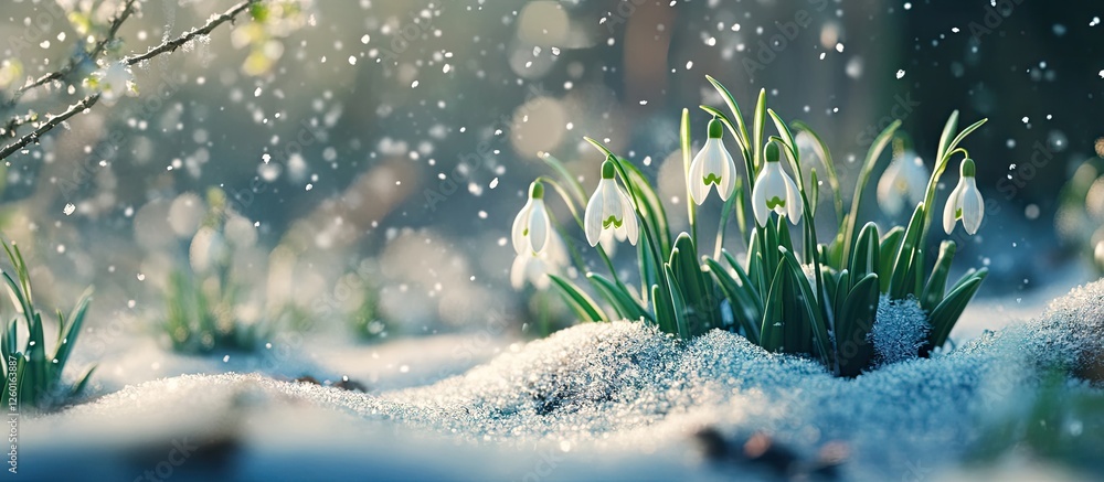 Poster snowdrop flowers emerging from snow in a serene early spring forest with soft focus background and g