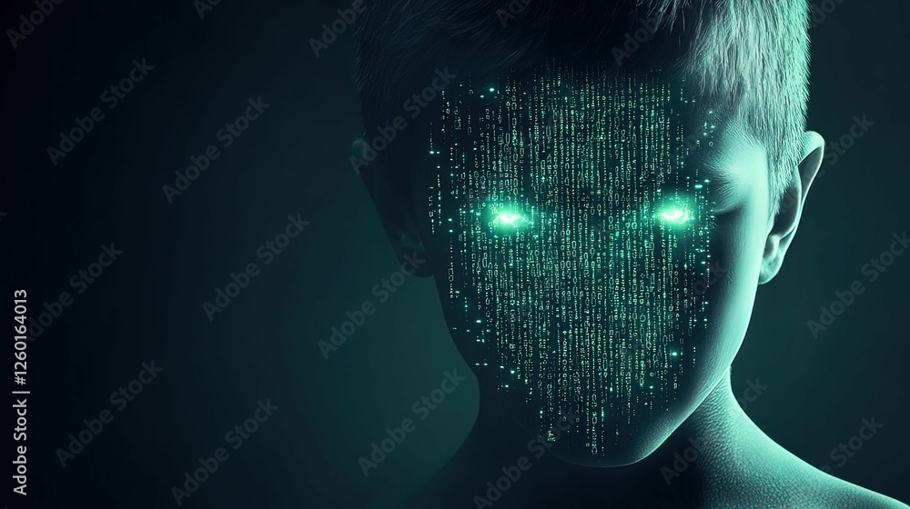 Poster a futuristic depiction of a boy with a digital, glowing face made of binary code, symbolizing the fu