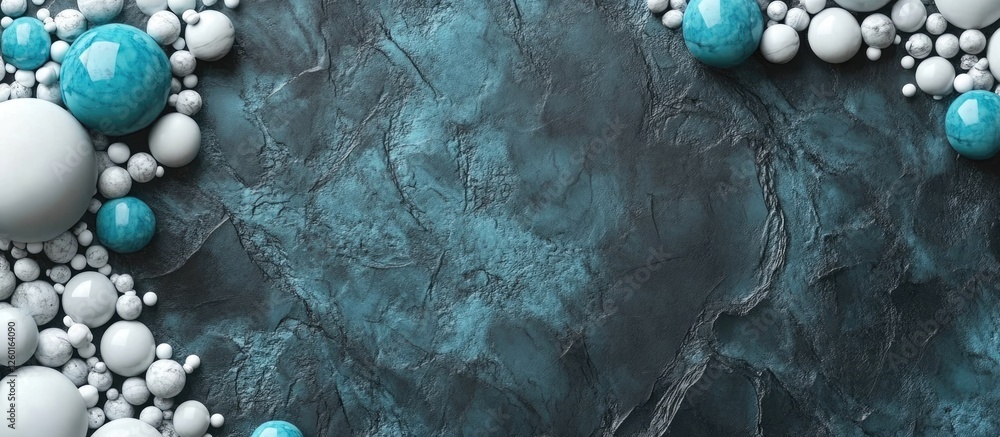 Poster turquoise and white beads arranged along the edges of a dark textured backdrop creating a stylish ab