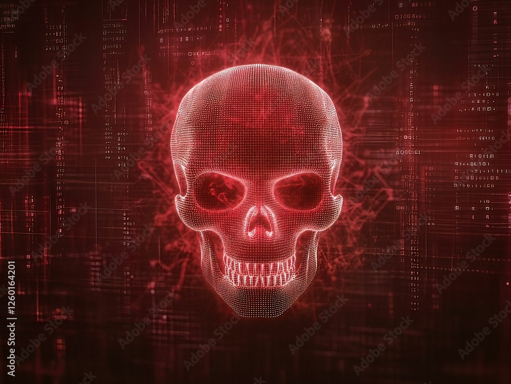 Poster a digital skull rendered in red, surrounded by a matrix-like background, conveying themes of technol