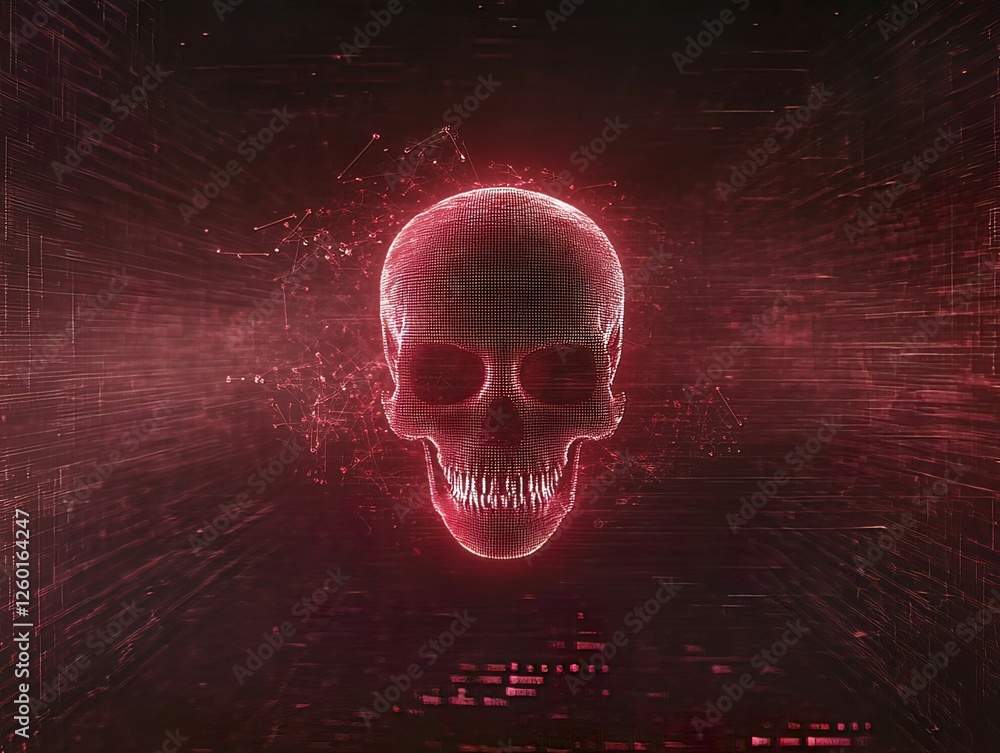 Poster a glowing, digital skull surrounded by abstract red patterns and effects, creating a futuristic and 