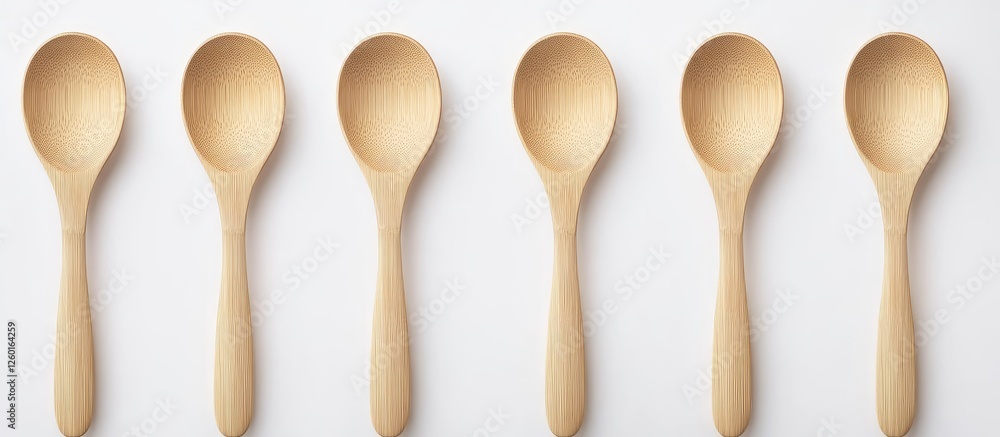 Poster set of six empty wooden spoons arranged side by side on white background, showcasing natural wood co