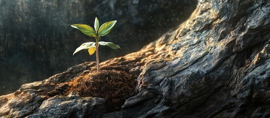 New growth emerges from a weathered tree trunk with green leaves, symbolizing rejuvenation and new beginnings in a natural setting.