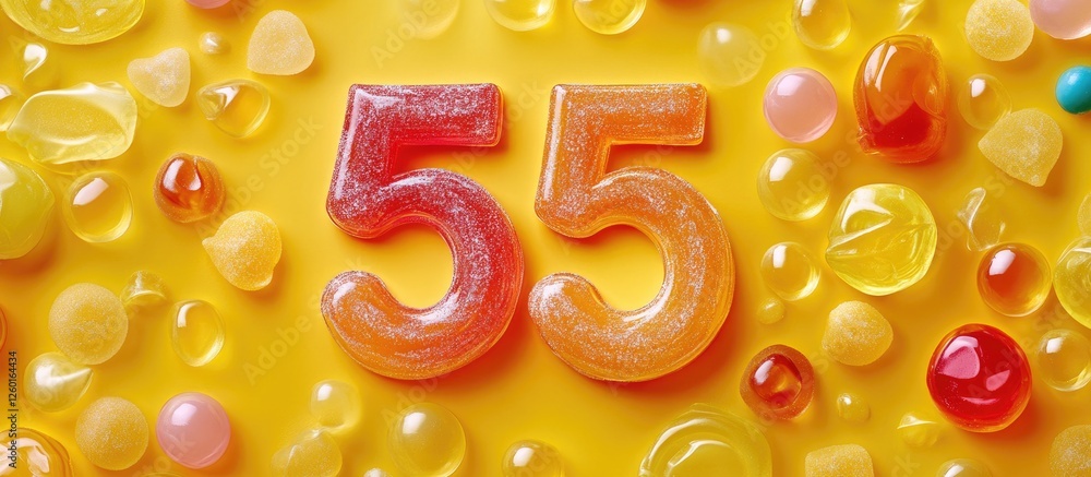 Poster vibrant yellow background with number 55 in the center surrounded by colorful candy shapes creating 
