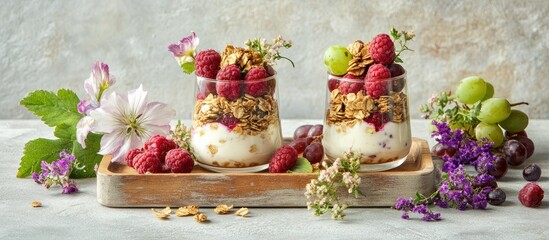 Colorful breakfast yogurt parfaits in glass cups topped with granola, fresh raspberries, and green grapes, elegantly arranged on a wooden tray with flowers on a light gray table.