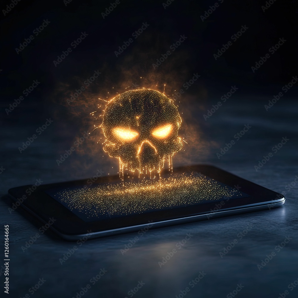 Poster a glowing skull emerges from a tablet, surrounded by particles that create a mysterious and ominous 
