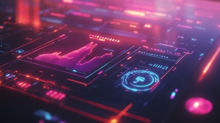Fototapeta premium Close-up of a glowing holographic dashboard displaying financial trends, futuristic depiction, isolated with a clean gradient background for clarity and focus.