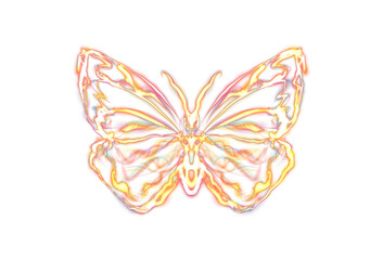 Gold glowing butterfly transparent energy flow, neon glow shining. Abstract effect with blurry particles, and bright light blue dynamic stripes. Digital art technology composition. Png