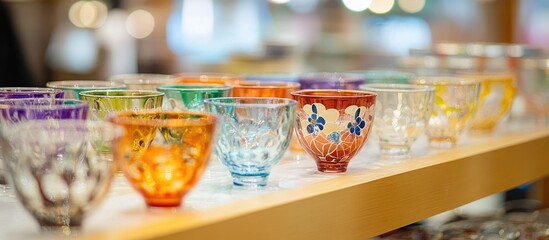 Vibrant Ryukyu blown glass cups displayed on a light wooden shelf with bokeh background in warm colors of green, blue, orange, and purple.