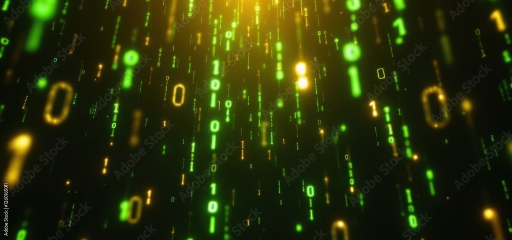 Poster glowing digital matrix with binary code in green and yellow light