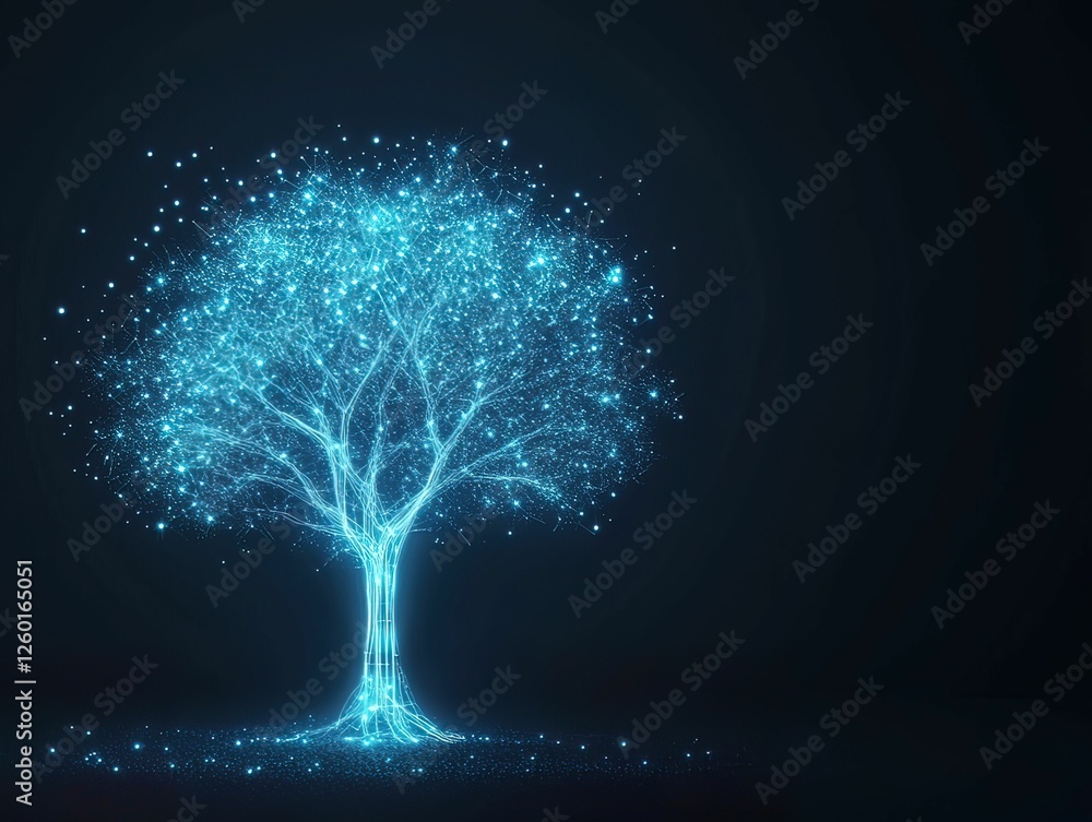 Poster illuminated tree of abstract organizational culture virtual environment digital dark background conc