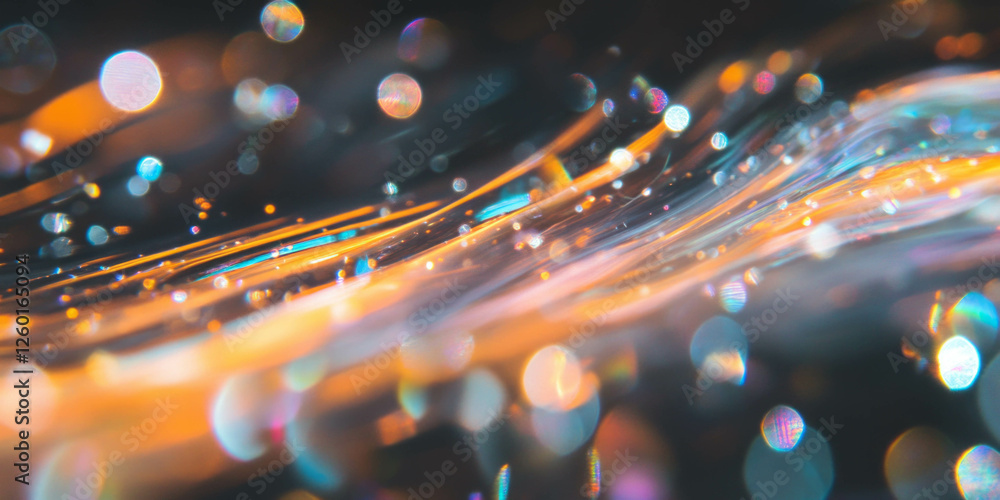 Poster layers of bokeh capture vibrant light reflections and shimmering hues against a dark background