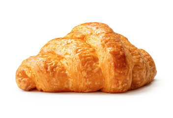 Side view of single brown or golden croissant isolated on white background with clipping path