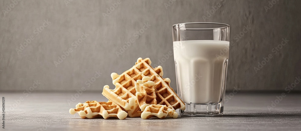 Poster waffle pieces arranged on a gray surface beside a clear glass of milk creating a minimalist and appe