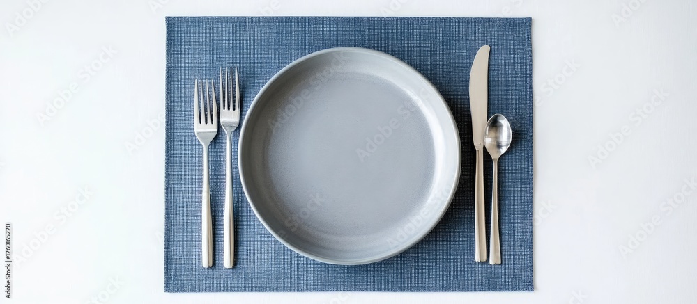 Poster elegant grey plate on a blue placemat with silver utensils arranged neatly, creating a minimalistic 