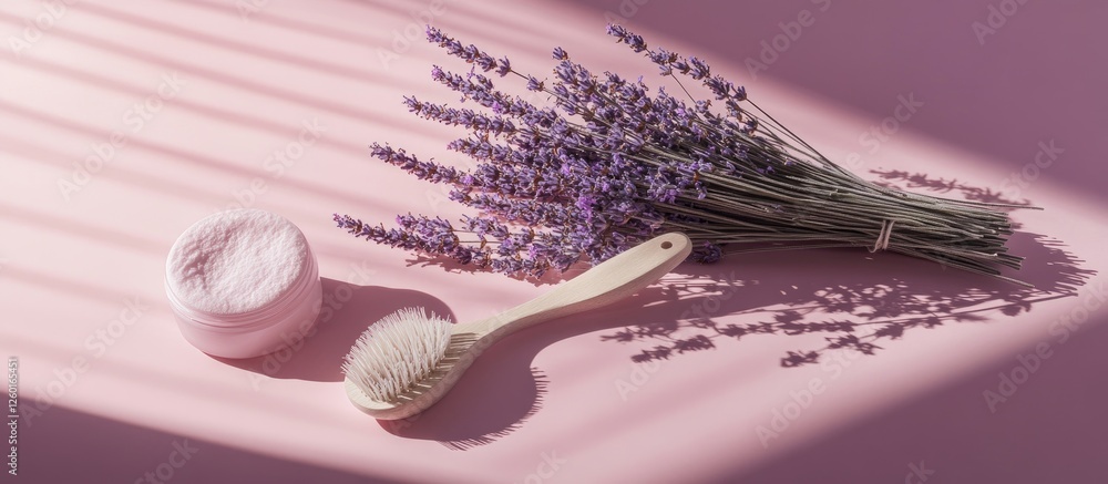 Poster Lavender flowers arranged on pink surface beside a wooden brush and cream container with soft shadows creating a serene and calming atmosphere.
