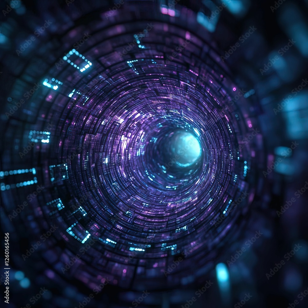 Poster dynamic information flow through a compressed cyber tunnel abstract digital artwork futuristic envir