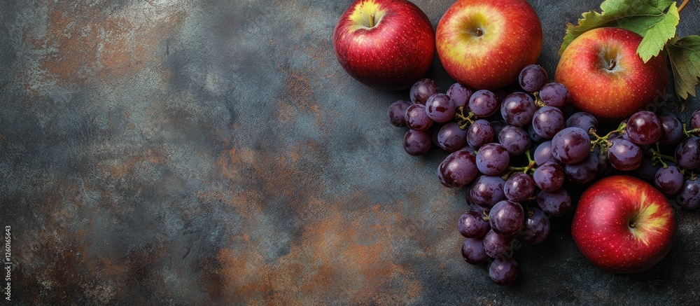 Poster fresh red apples and dark red wine grapes artistically arranged top view on a textured brown and blu