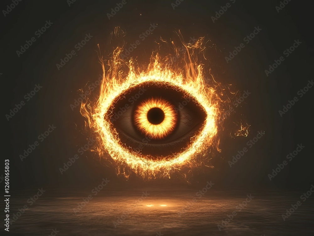 Poster dynamic artistic eye surrounded by fiery glow abstract digital minimalist environment close-up view 