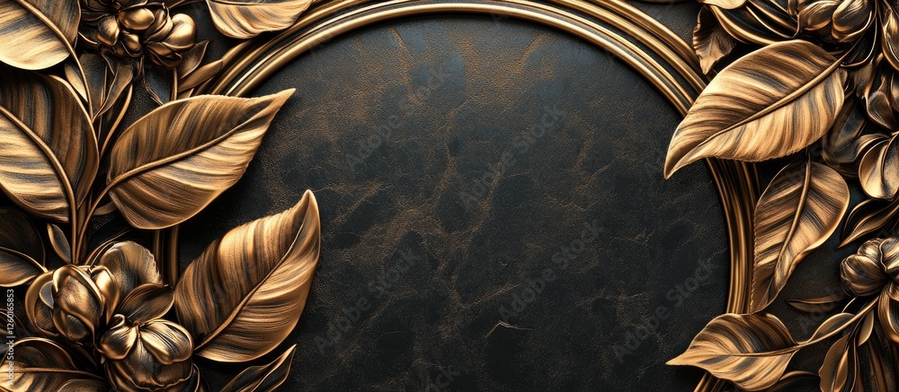 Poster opulent circular golden frame with intricate leaf patterns in rich gold and dark tones, elegantly po