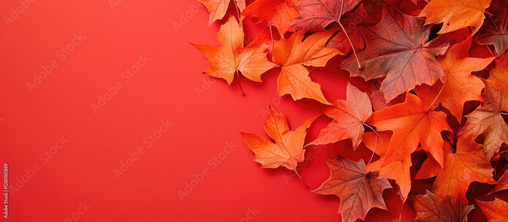 Poster orange maple leaves scattered on the right side of a vibrant red background with empty copyspace on 