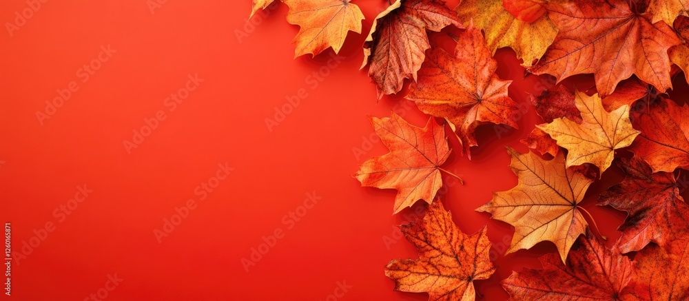 Poster orange maple leaves scattered on vibrant red background with ample copyspace in the upper right, cre
