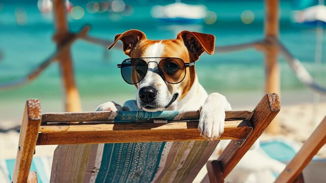A playful dog lounges comfortably on a beach chair, wearing stylish sunglasses. The turquoise waters create a picturesque backdrop for a perfect day outdoors.