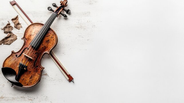 A Beautifully Isolated Violin and Bow on a Crisp White Surface Captured Perfectly