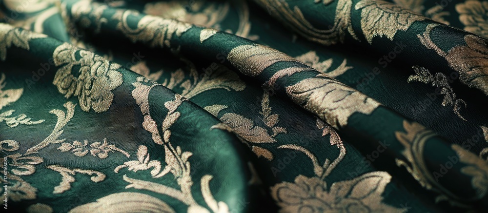 Poster elegant green silk fabric with intricate floral patterns in gold, draped softly to create depth and 
