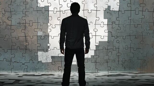 Silhouette of a Man and a Puzzle: A contemplative silhouette of a man standing before a fragmented puzzle wall, symbolizing problem-solving, and the journey of life, filled with mystery and intrigue.