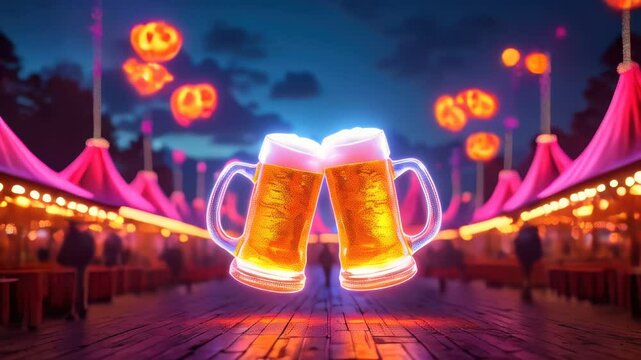 Raising cheers at the rowdy tavern with two mugs of beer, a lively crowd celebrating with laughter, concept of communal bonding at local breweries and pubs

