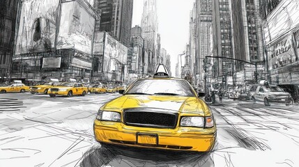 NYC Taxi Sketch: A Yellow Cab in Times Square's Vibrant Streets