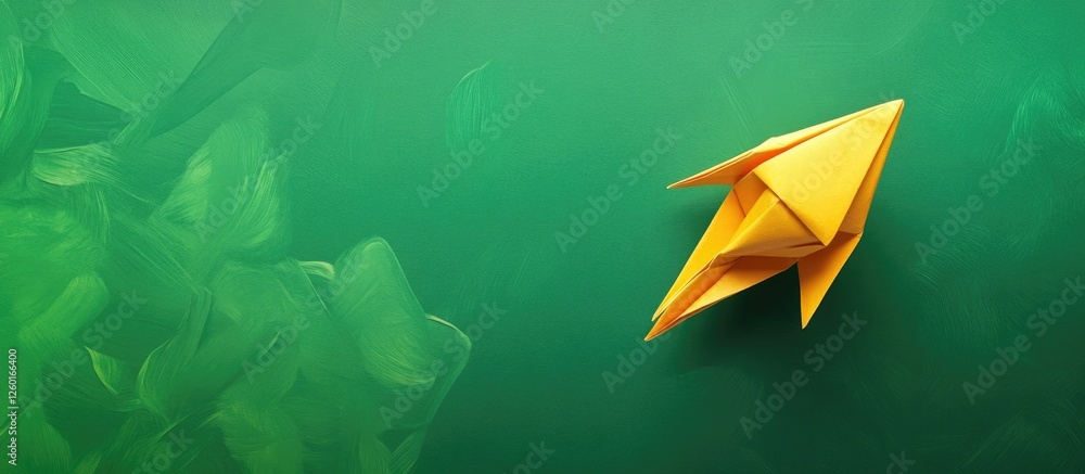 Poster handmade origami yellow paper rocket positioned on the right against a smooth green background with 