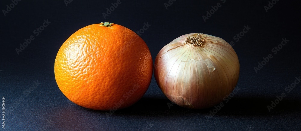 Poster orange and onion on dark background with an orange to the left and a pale onion to the right illumin