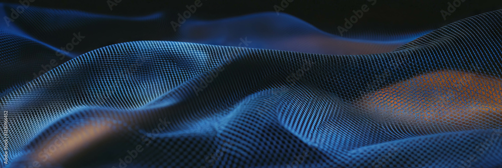 Poster exploring the intricate textures of nylon mesh and polished wood in a creative composition