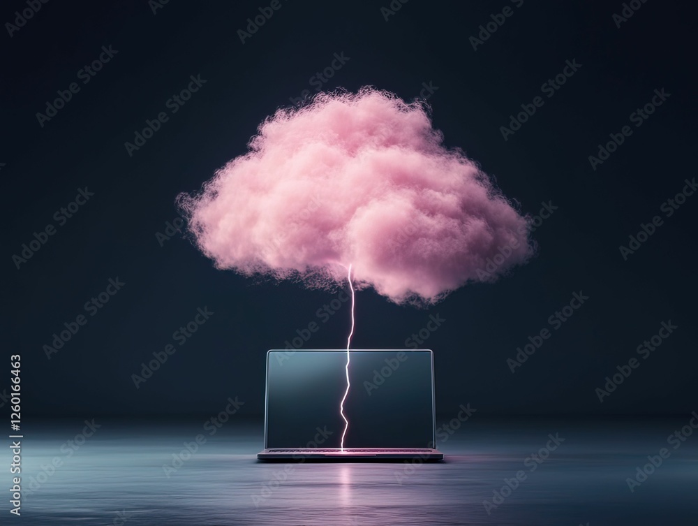 Poster surreal laptop tethered to glowing cloud with lightning digital studio setting innovative concept