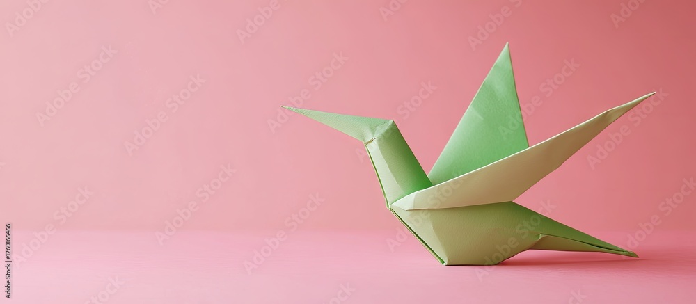 Poster handcrafted green origami bird positioned to the right of a soft pink background creating a vibrant 