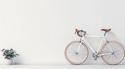 Stylish and Minimalistic White Bicycle Leaning Against a Pristine White Wall A Sleek Isolated Concept