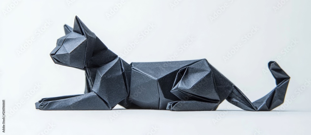 Poster dark origami cat sculpture lying gracefully on a white background with angular features and a curled