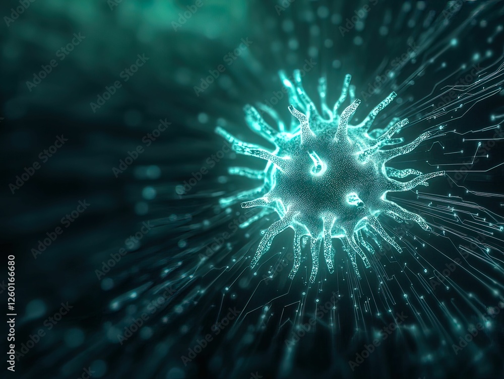 Poster digital representation of a glowing malware virus abstract cyber environment conceptual visualizatio