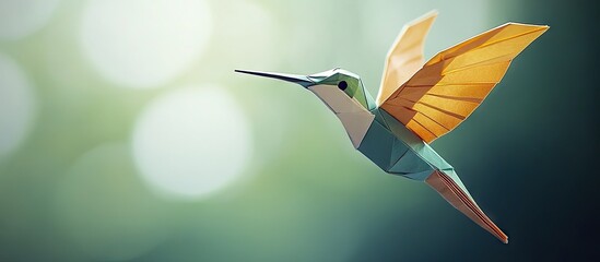 Origami hummingbird with orange wings and teal body flying against a softly blurred green and white background with light bokeh highlights.