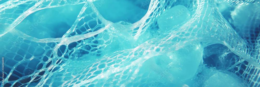 Poster Exploring the textures of nylon netting and smooth ice in a vibrant blue composition