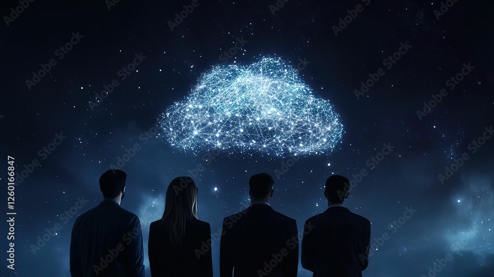 Poster cybersecurity experts analyzing glowing cloud data visualization digital space technology insights n