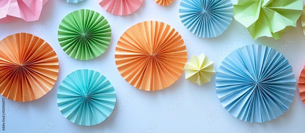 Aufkleber colorful origami paper circles and fans arranged in a visually appealing pattern on a light backgrou