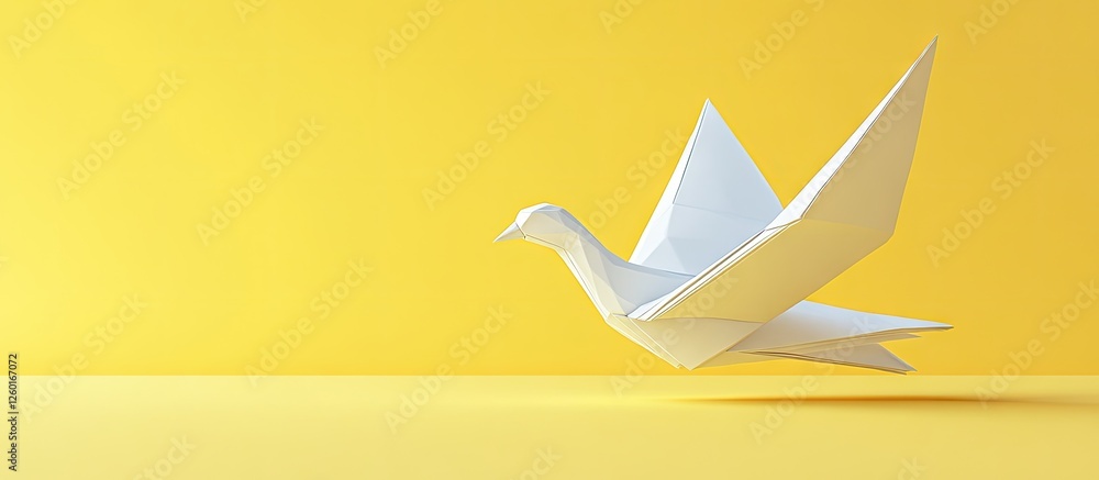 Poster origami dove in white soaring against a bright yellow background symbolizing peace with soft shadows